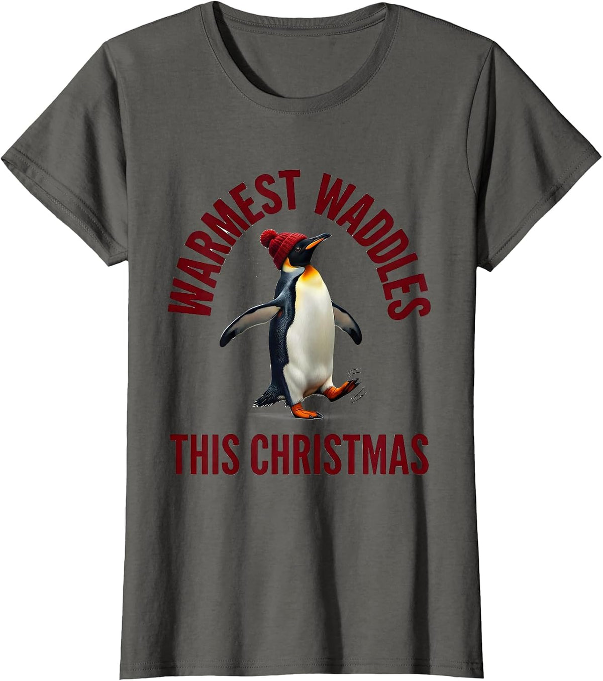 Women's Warmest Waddles This Christmas Funny Penguin Lover Holiday T-Shirt - Asphalt Grey