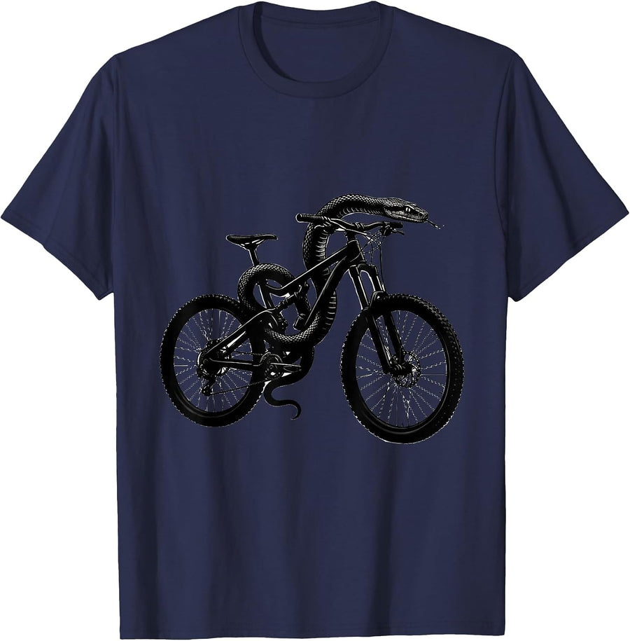 Snake Coiled Around Mountain Bike Frame Graphic T-Shirt - Navy Blue