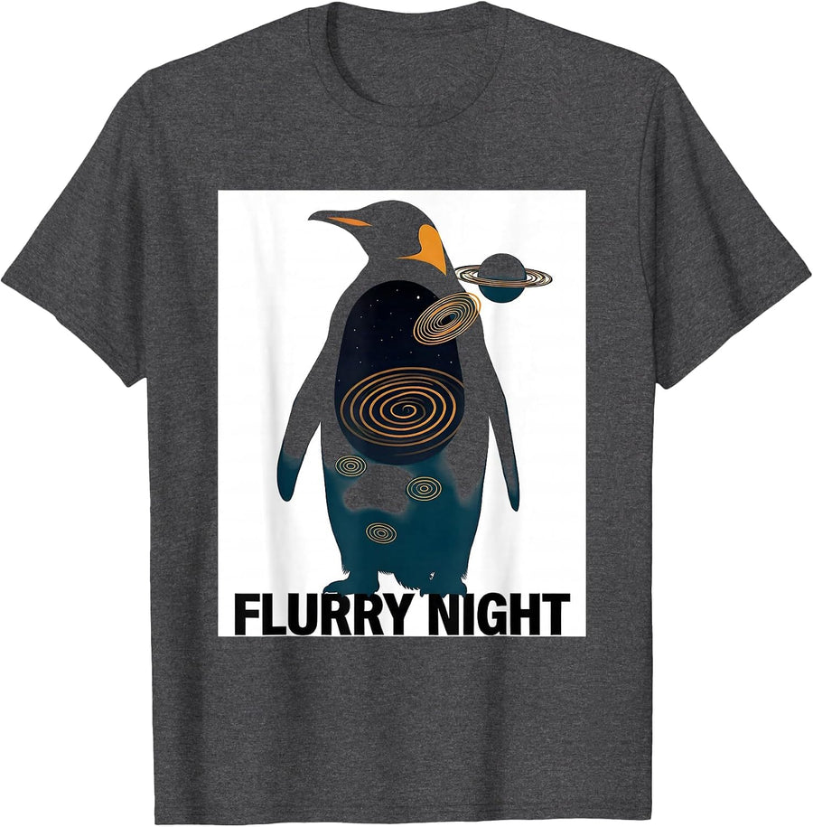 Men's Flurry Night Penguin Van Gogh Animal Lover Art T-Shirt - Dark Heather Grey