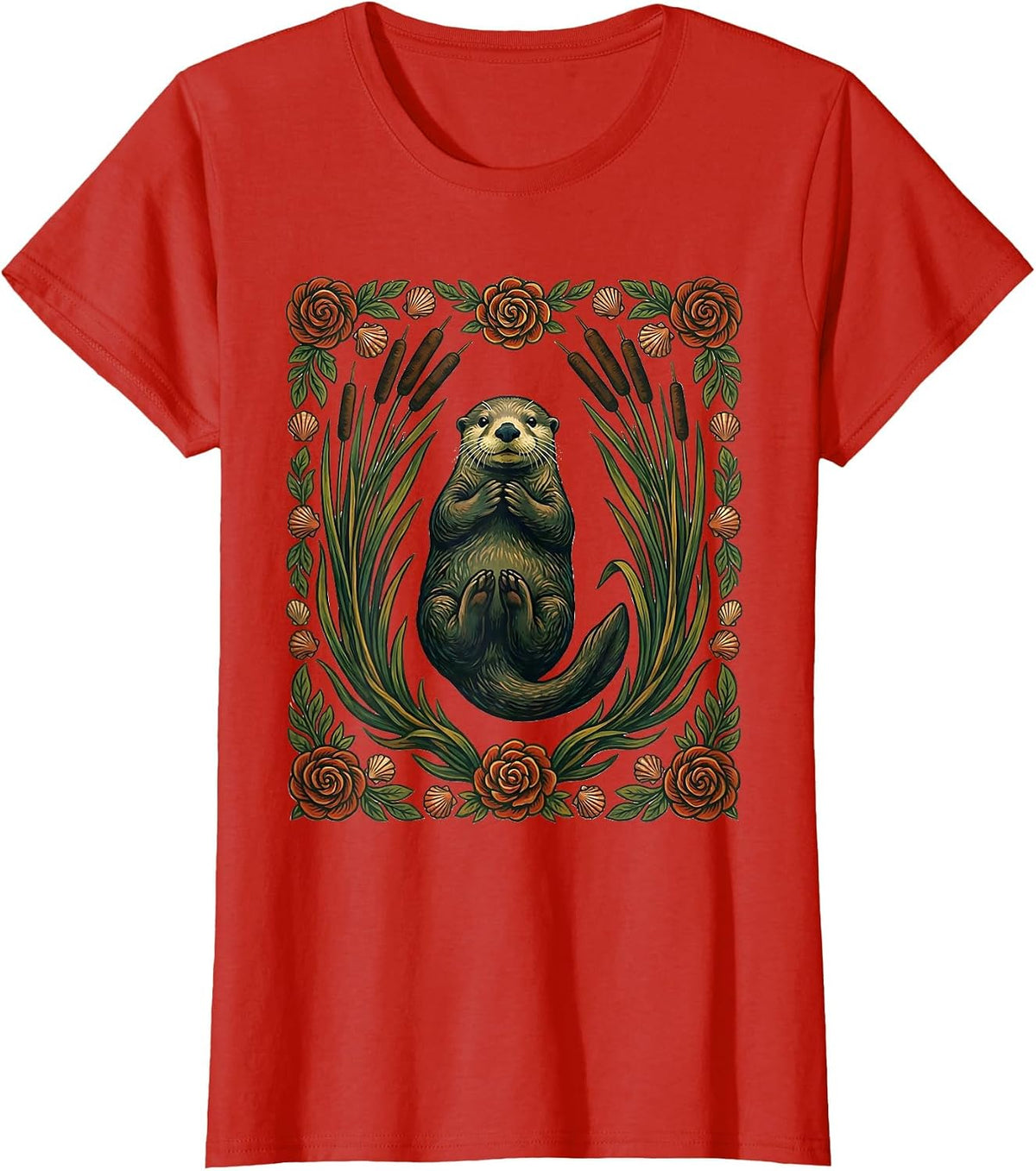 Women's Sea Otter Folk Art Floral Otter Lover Gift T-Shirt - Red