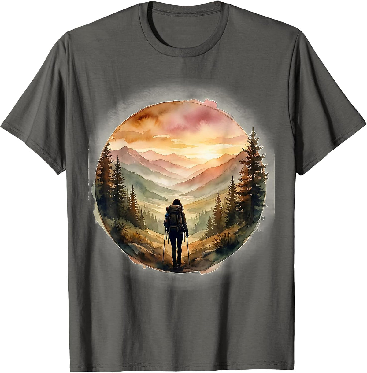 Backpacker Sunset Valley Silhouette Hiking Design T-Shirt - Asphalt Grey