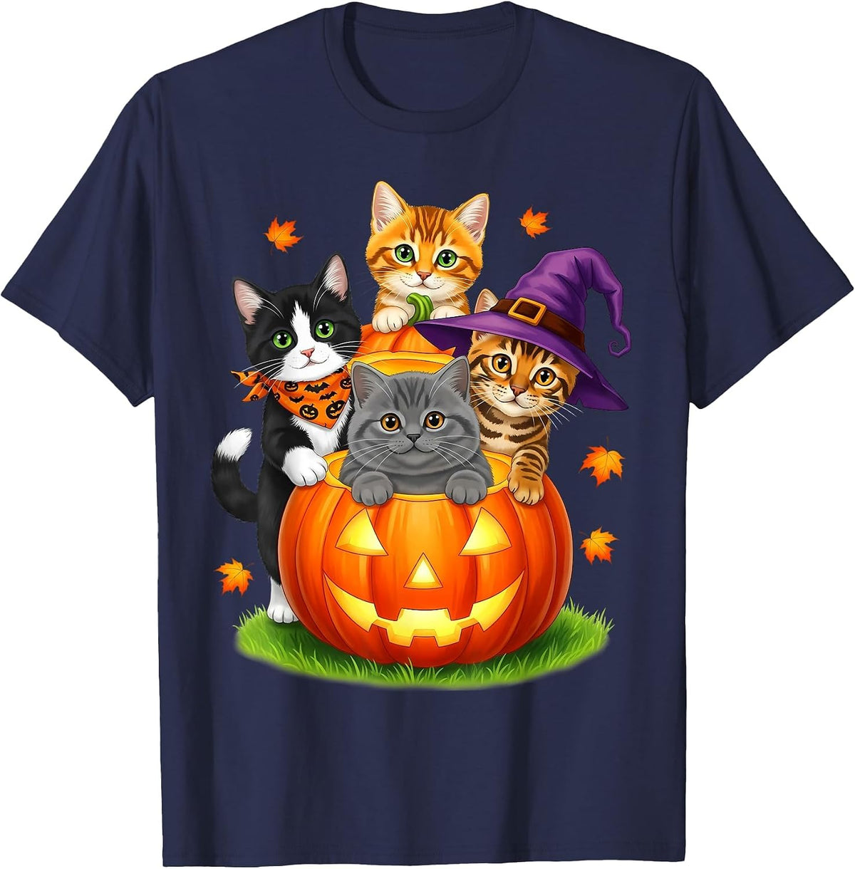 Cute Kittens Pumpkin Halloween Spooky Season Men Women Kids T-Shirt - Navy Blue