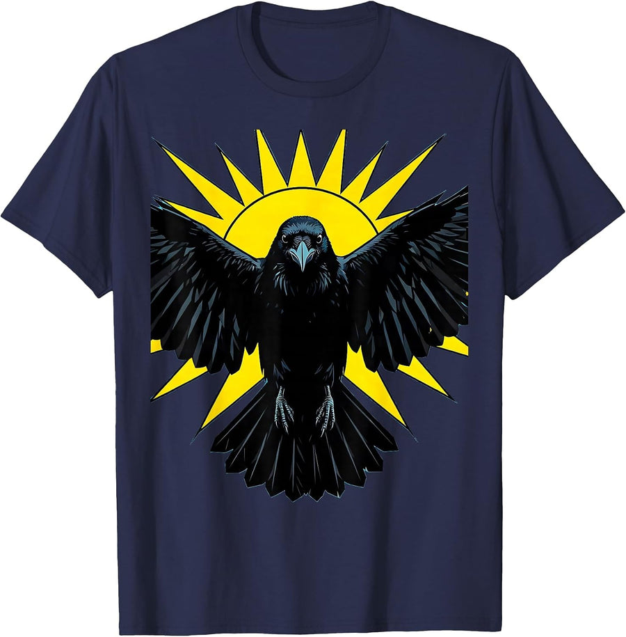 Crow Wings Spread Blocking the Sun Illustration T-Shirt - Navy Blue