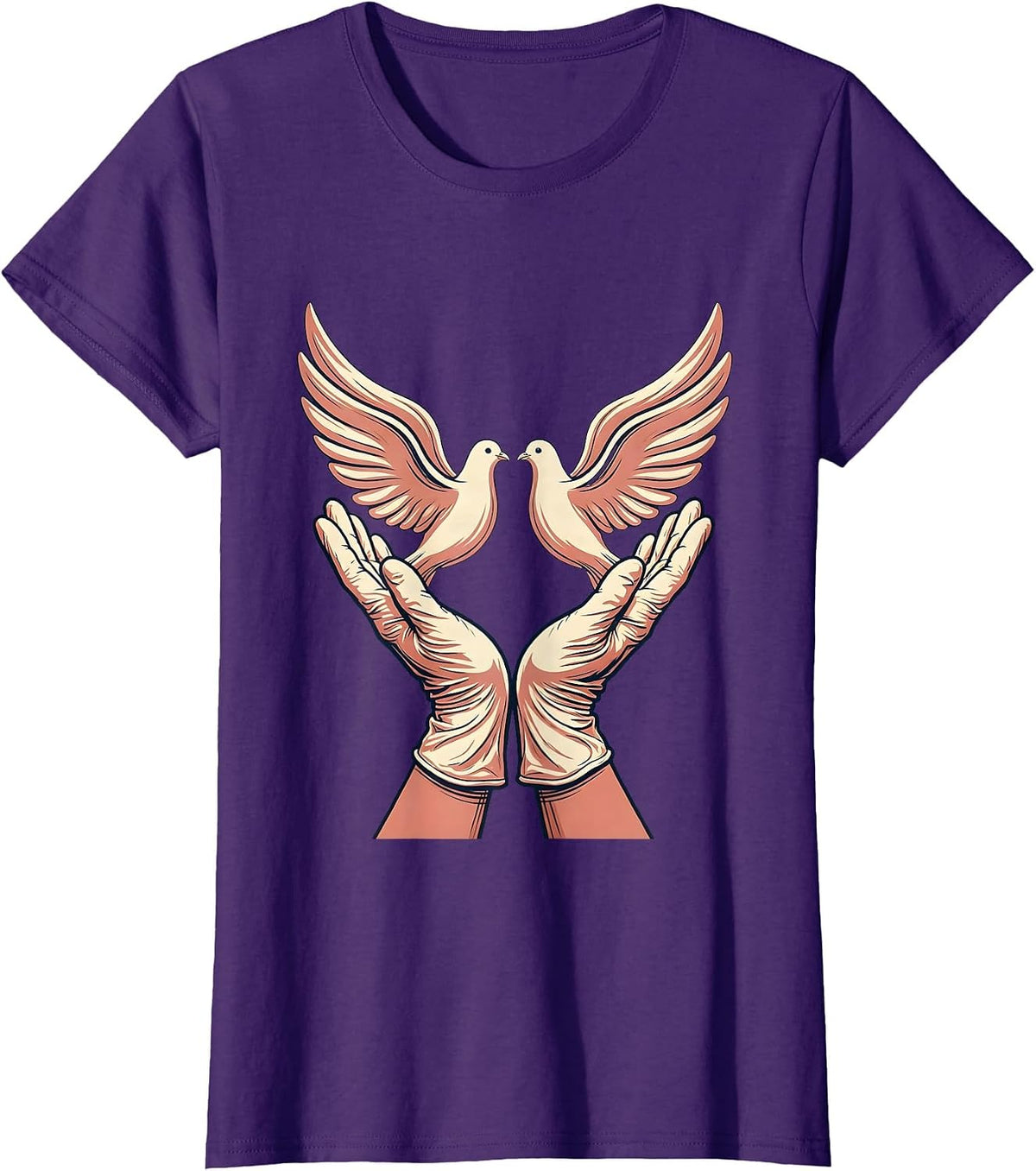 Women's Nurse Surgical Gloves Releasing Doves Graphic T-Shirt - Purple