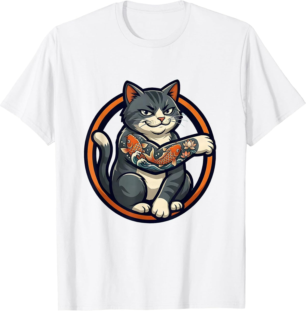 Men's Cat With Koi Fish Tattoo Sleeve Illustration T-Shirt - White