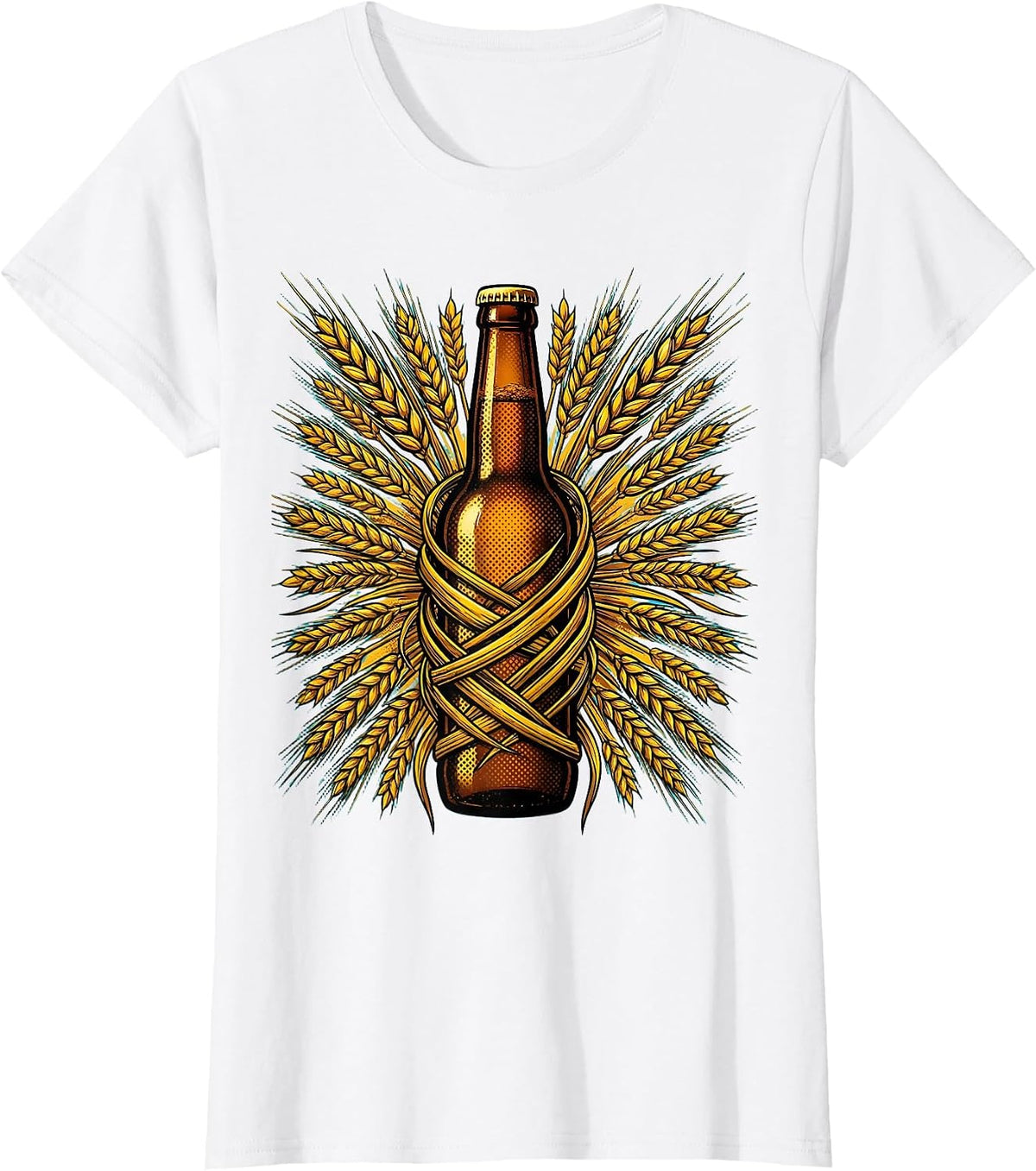 Women's Wheat and Bottle Craft Beer Illustration T-Shirt - White