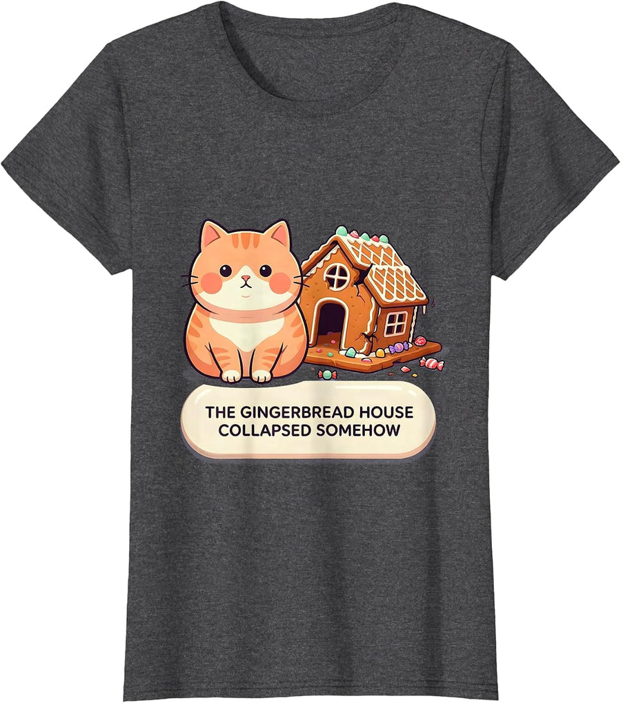 Women's The Gingerbread House Collapsed Somehow Funny Cat Lover T-Shirt - Dark Heather Grey
