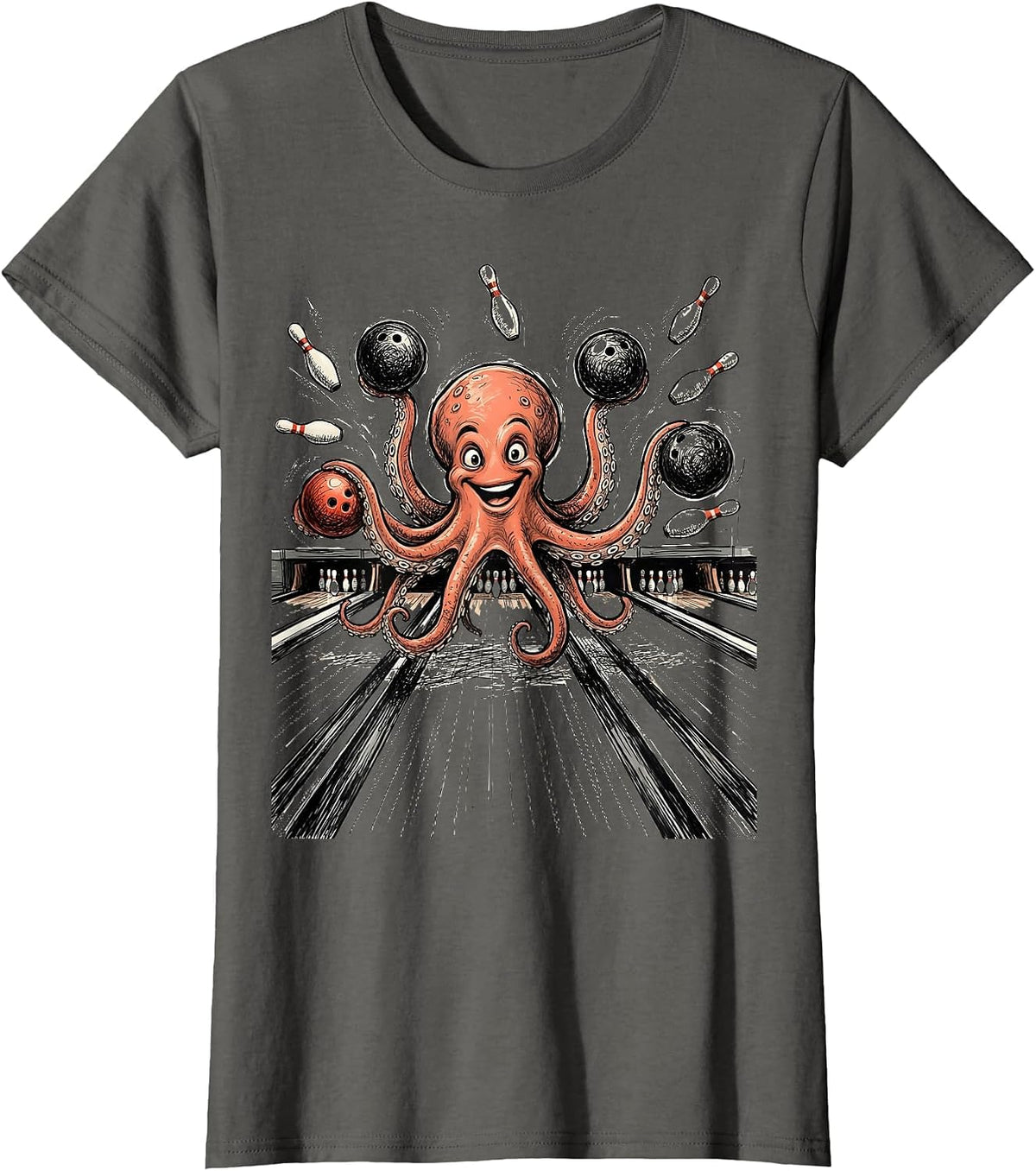 Women's Funny Octopus Bowler Using All Eight Lanes T-Shirt - Asphalt Grey