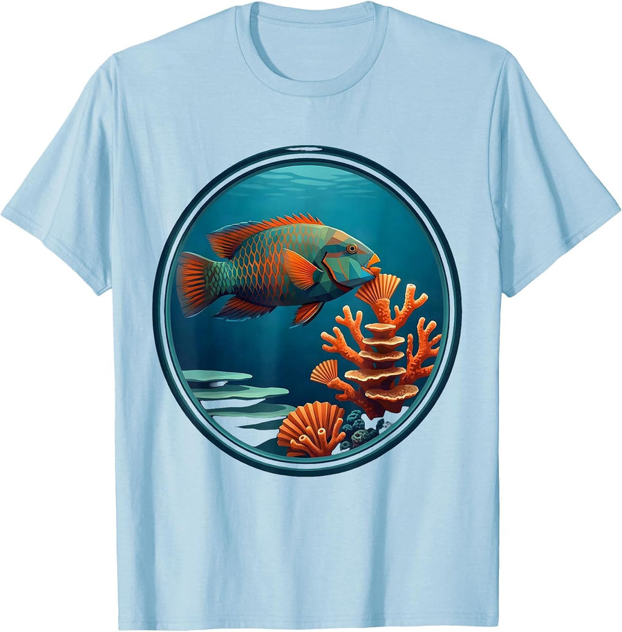 Men's Parrot Fish Nibbling Rainbow Coral Hawaiian Design T-Shirt - Baby Blue