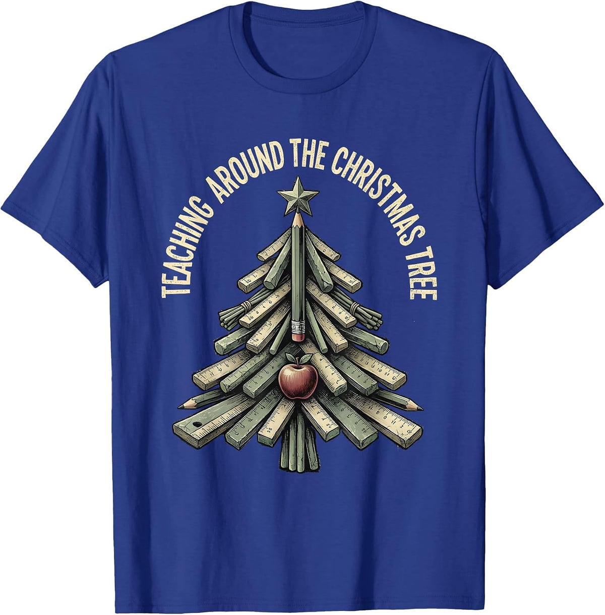 Teaching Around The Christmas Tree Distressed Funny Teacher T-Shirt - Royal Blue