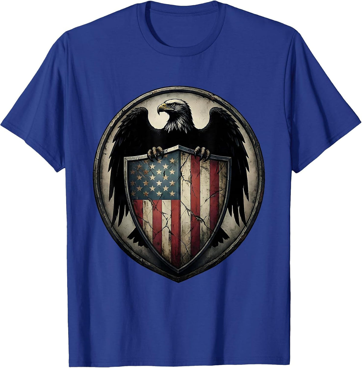 Men's Bald Eagle American Flag Shield Crest T-Shirt - Royal Blue