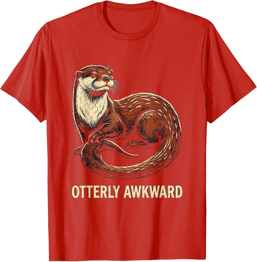 Men's Otterly Awkward Linocut Funny Otter Lover Gift For Kid Teen T-Shirt - Red
