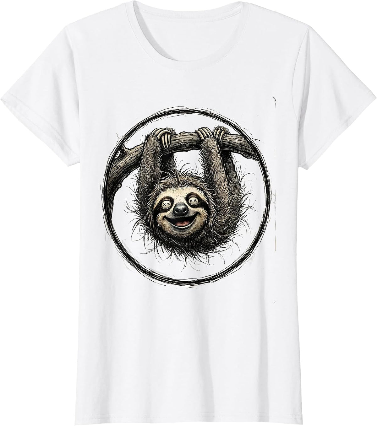 Women's Derpy Upside Down Sloth Hanging From Branch T-Shirt - White