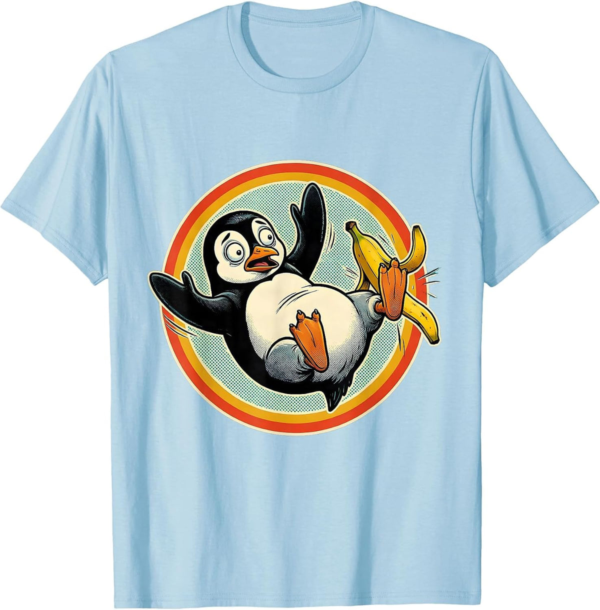 Men's Funny Penguin Banana Peel Slip Comic Art T-Shirt - Baby Blue