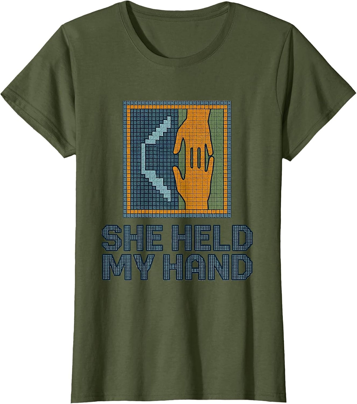 Women's She Held My Hand Cross Stitch Mammography Tech Sonographer T-Shirt - Olive Green