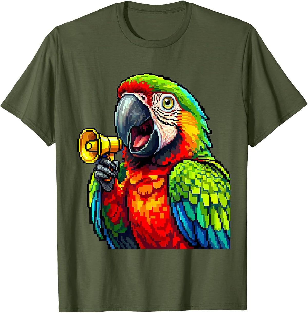 Parrot With Tiny Megaphone Funny Bird Design T-Shirt - Olive Green