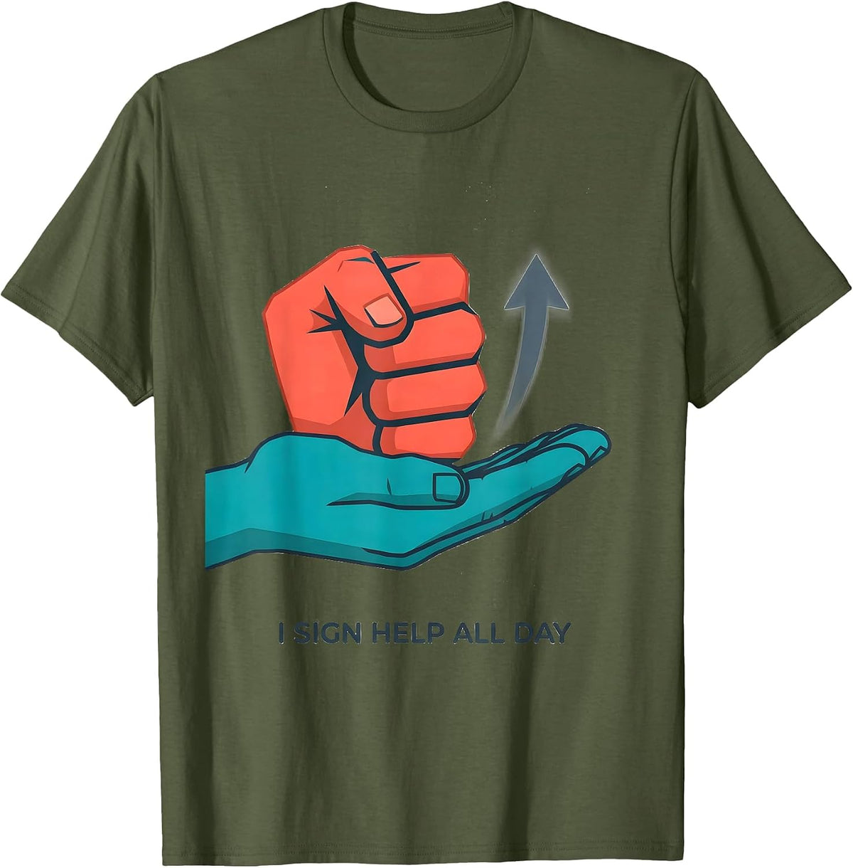 Men's I Sign HELP All Day Flat Vector ASL Sign Language Teacher T-Shirt - Olive Green