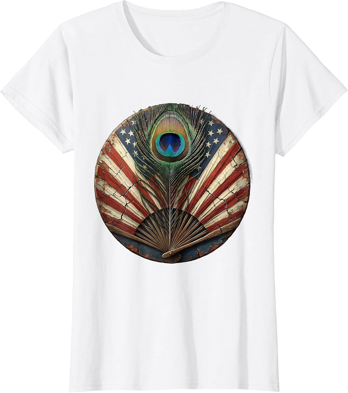 Women's Red White and Blue Peacock Feather Design T-Shirt - White