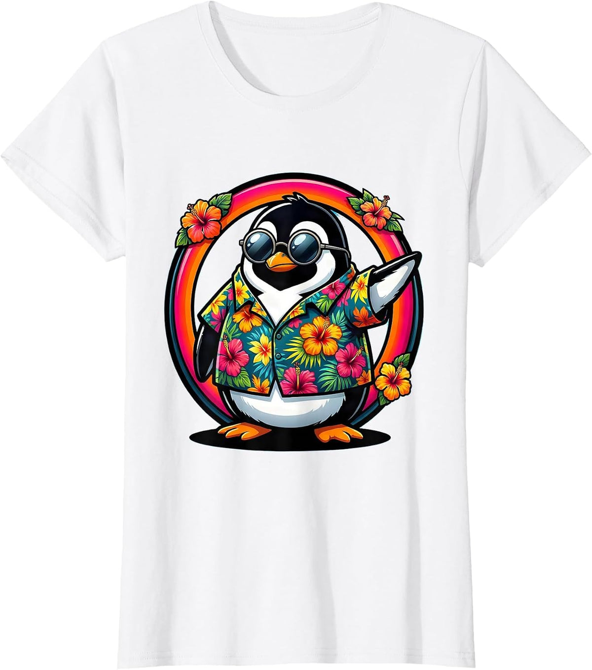 Penguin in Hawaiian Shirt and Sunglasses T-Shirt - White