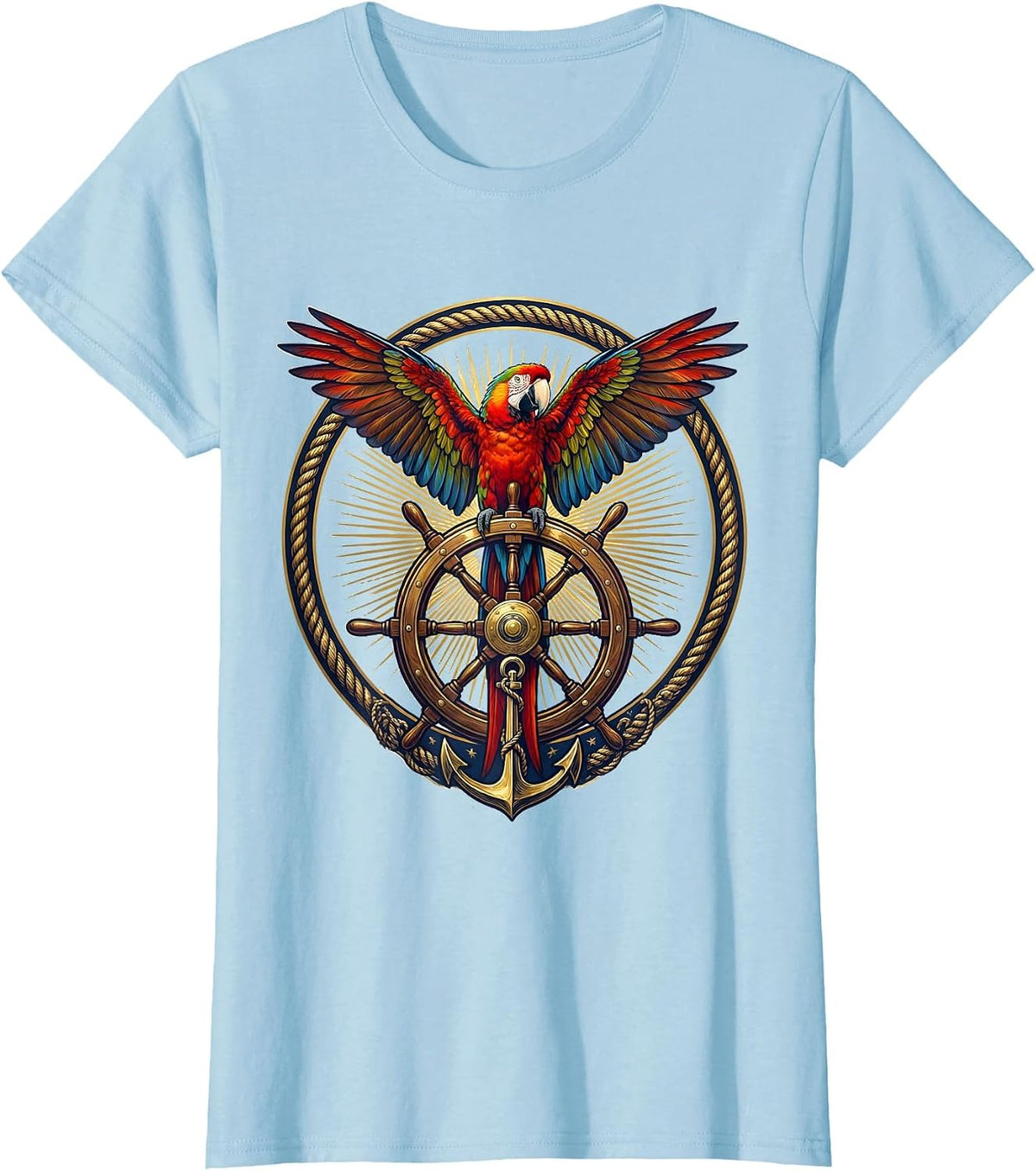 Tropical Parrot Ship Steering Wheel Cruise T-Shirt - Baby Blue