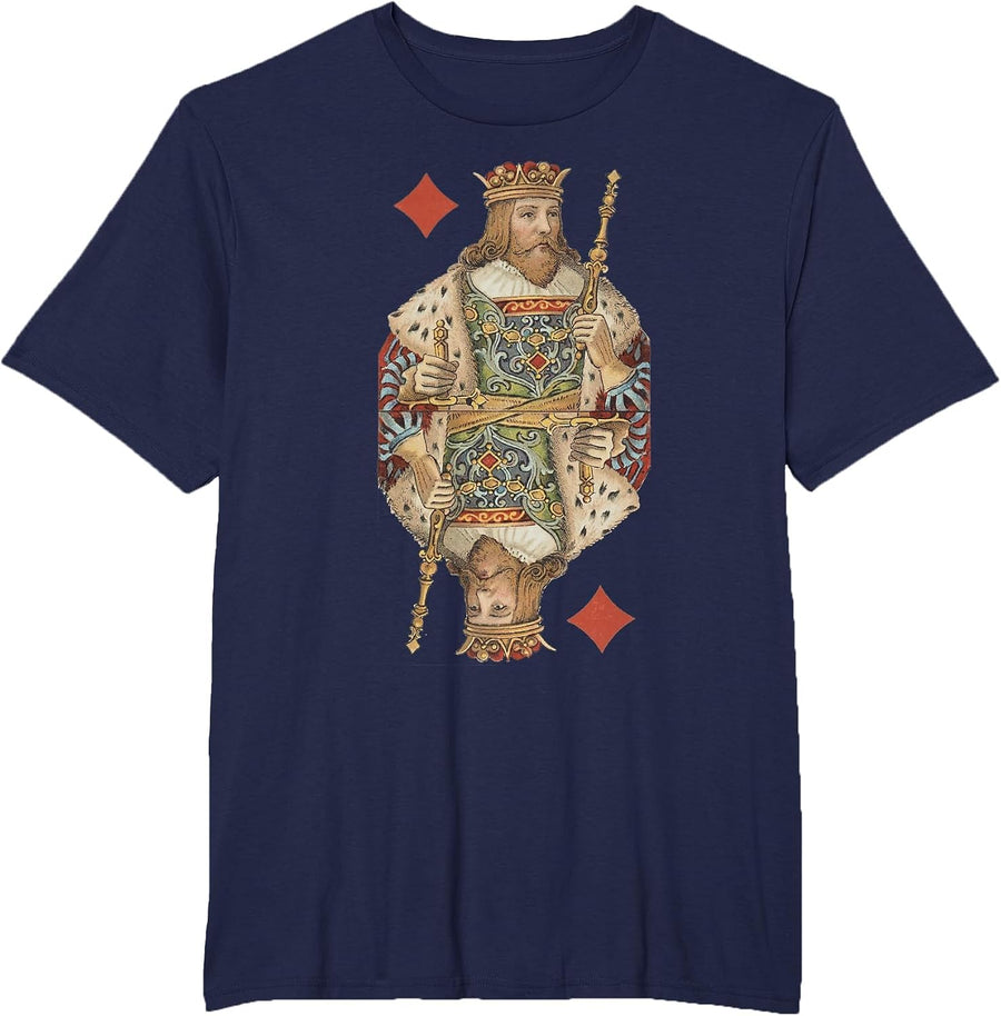 King of Diamonds Antique Art Nouveau Playing Card Art T-Shirt, Men's Big and Tall, Navy Blue, 5X Tall - As Pictured