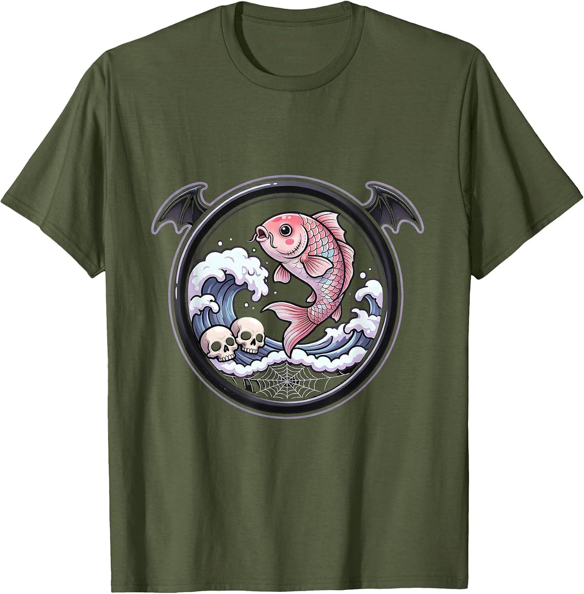 Koi Fish Leaping Waves Anime Art Design T-Shirt - Olive Green