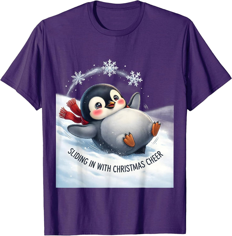 Men's Sliding In With Christmas Cheer Cute Kawaii Penguin Lover T-Shirt - Purple