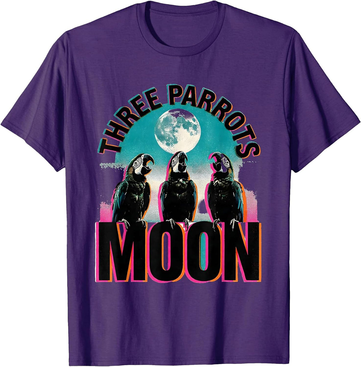Three Parrots Moon Risograph Meme Humor Animal Lover Gift T-Shirt - Purple