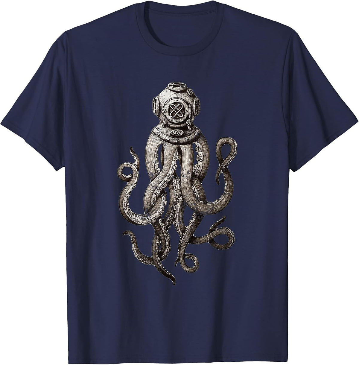 Retro Scuba Diver Weird Octopus Design, Octopus Helmet T-Shirt - Navy Blue