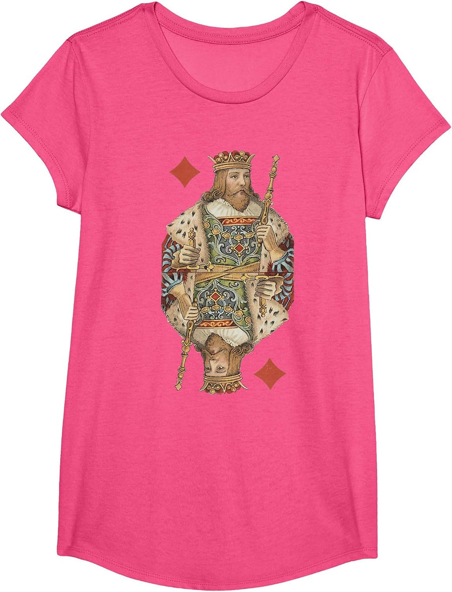 King of Diamonds Antique Art Nouveau Playing Card Art T-Shirt, Girls, Pink Heather, Small - As Pictured