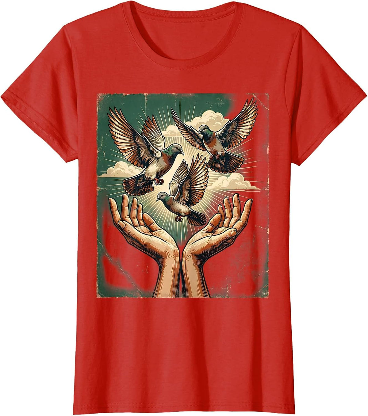 Women's Gigi Doves Released Into the Sky Illustration T-Shirt - Red