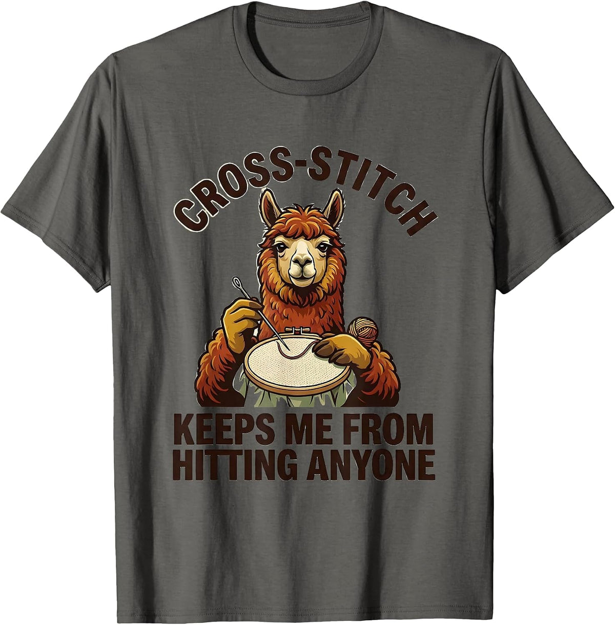 Cross-Stitch Keeps Me From Hitting Anyone Funny T-Shirt - Asphalt Grey