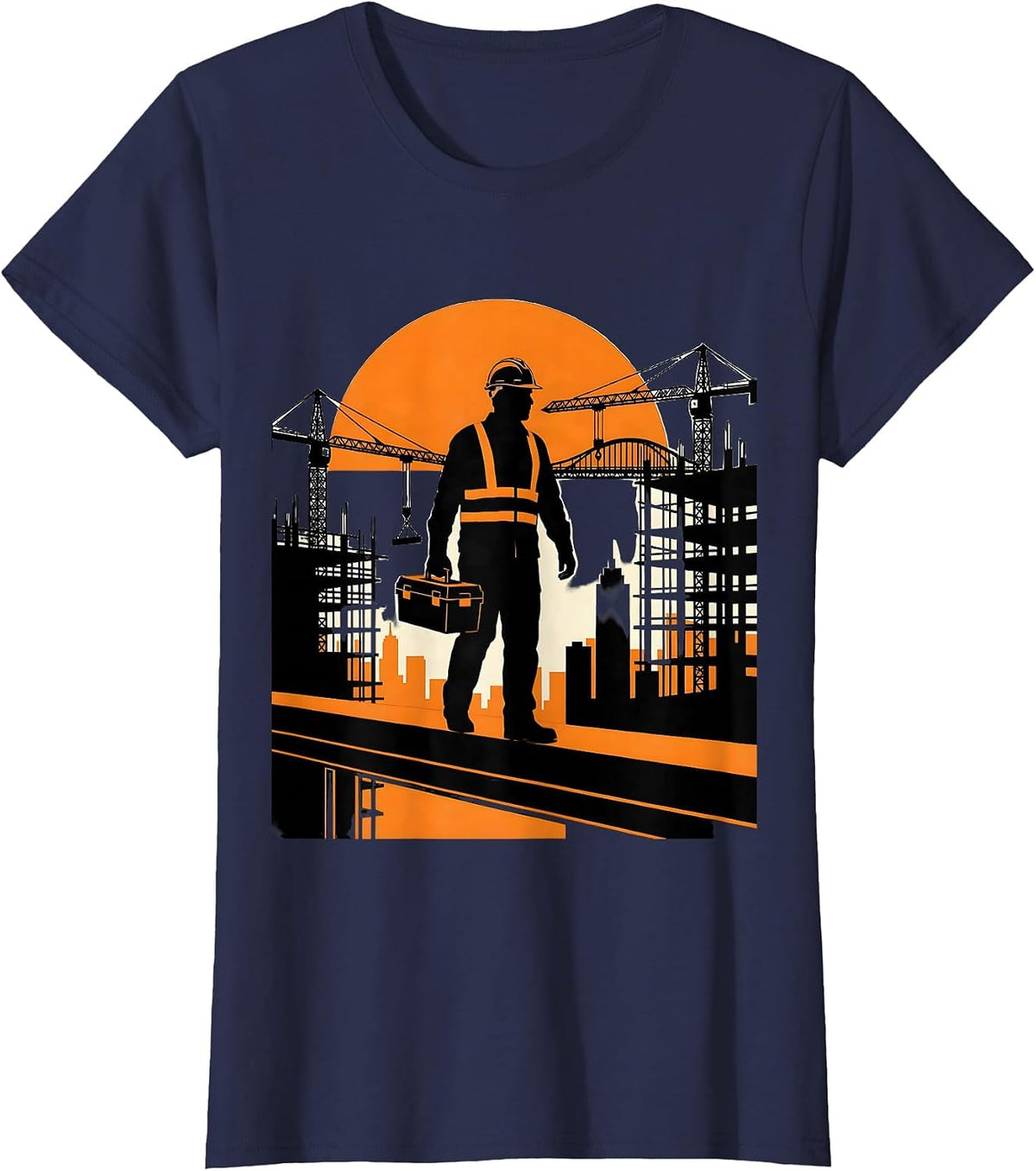 Women's Construction Worker Silhouette Sunset Skyline T-Shirt - Navy Blue