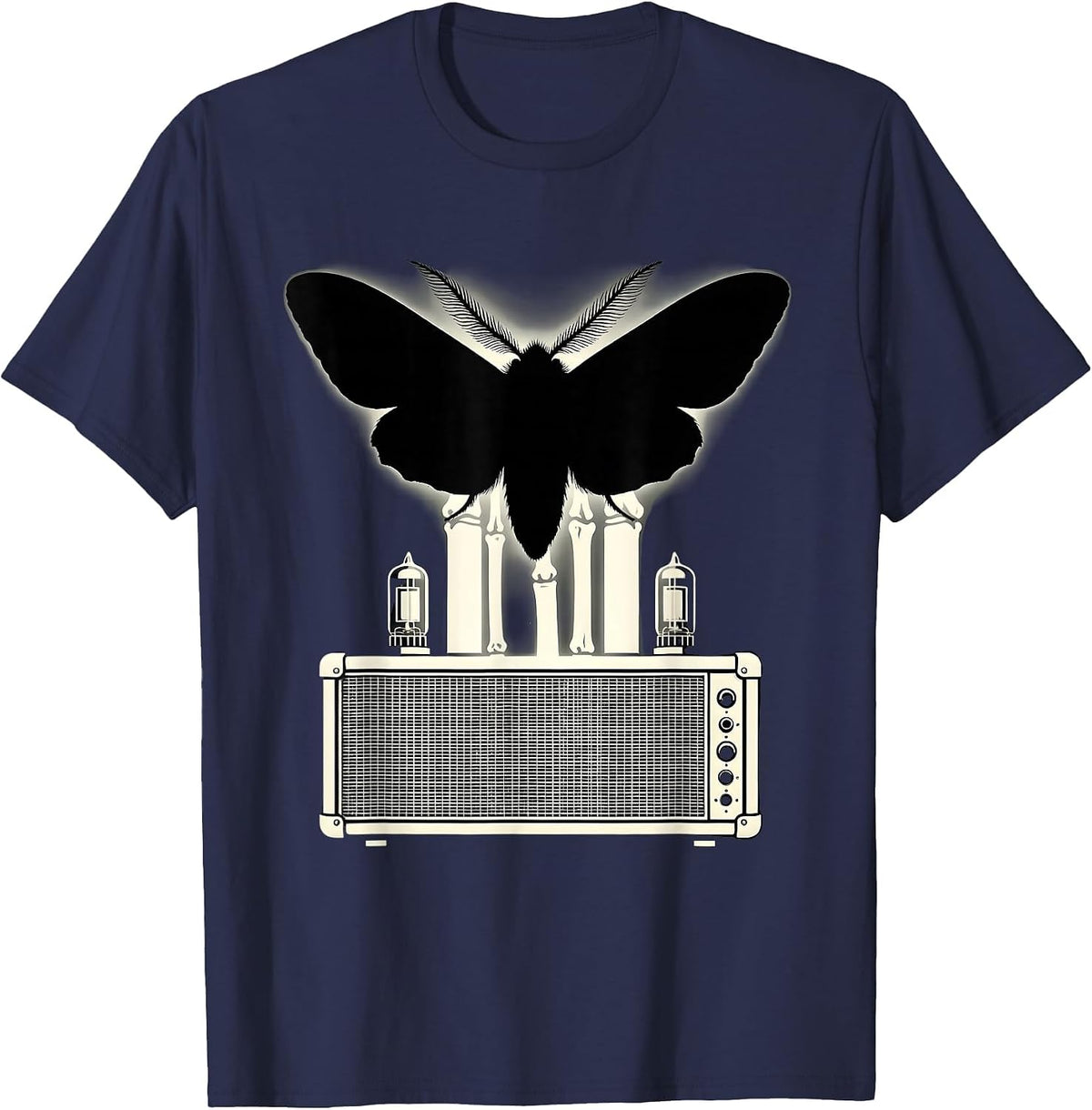 Moth and Glowing Vacuum Tube Amp Rock Art T-Shirt - Navy Blue