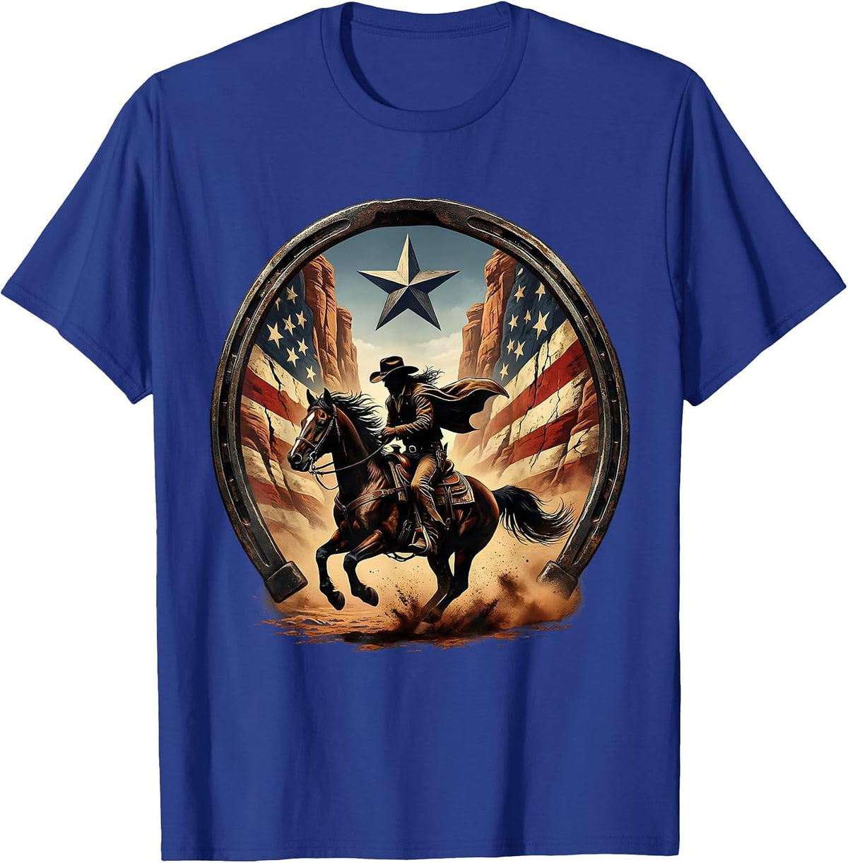 Cowboy Riding Horse Through Canyon Illustration T-Shirt - Royal Blue