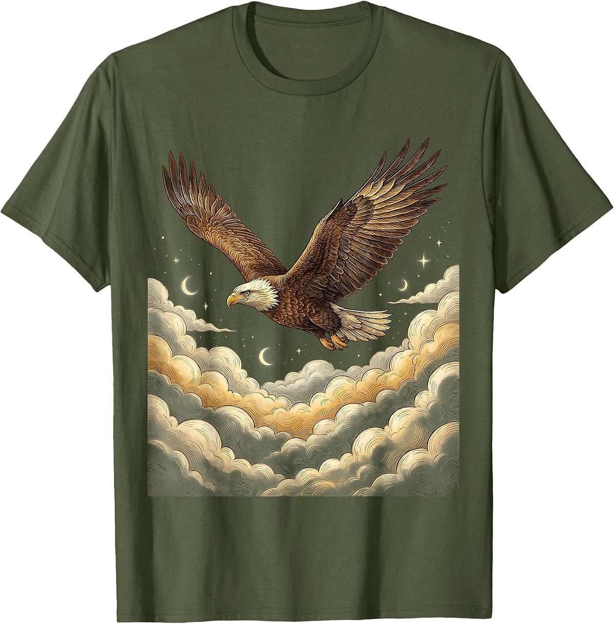Eagle Soaring Above Storm Clouds Illustration T-Shirt - Olive Green