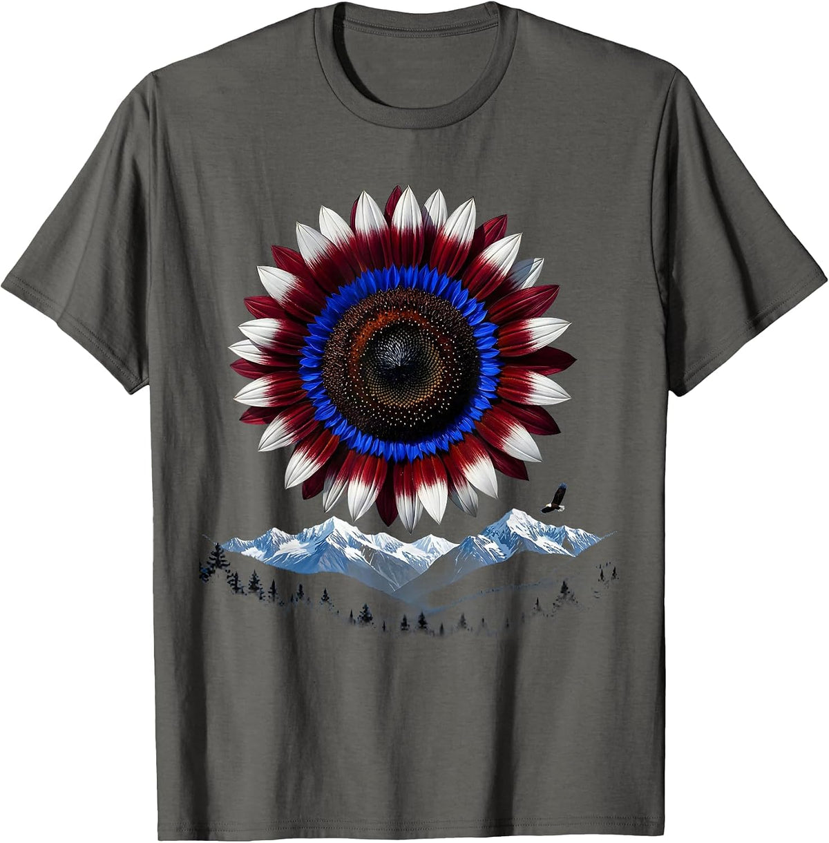 Red White and Blue Sunflower Patriotic Floral Design T-Shirt - Asphalt Grey
