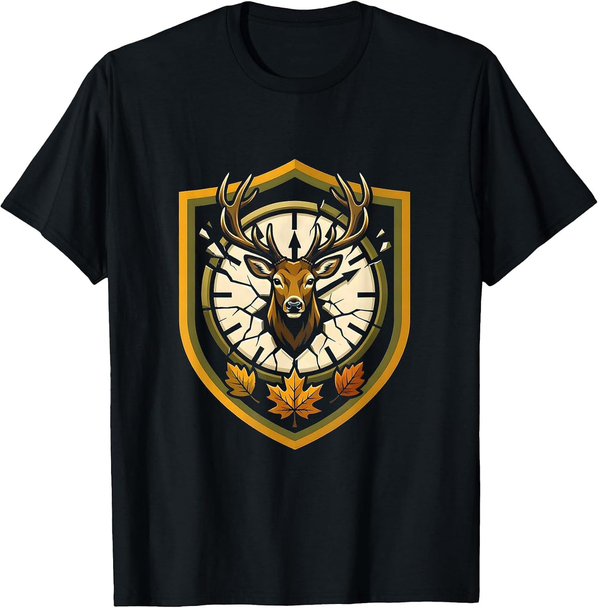 Men's Whitetail Buck Shield Emblem Funny Deer Hunting Hunter Dad T-Shirt - Black