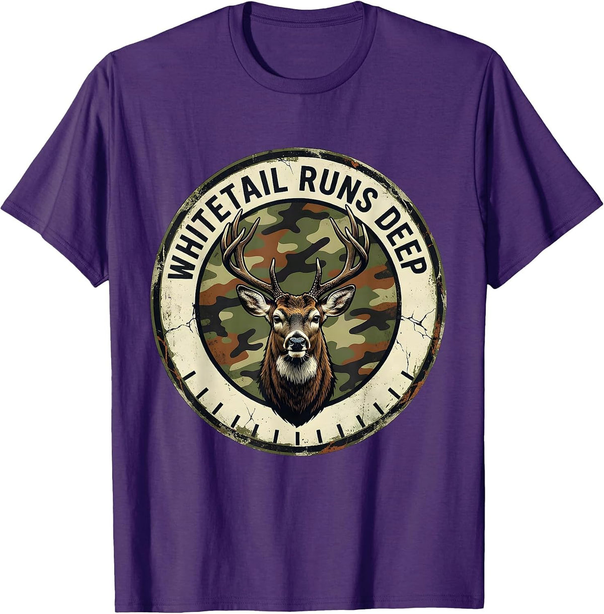 Men's Whitetail Runs Deep Distressed Camo Deer Hunting Dad Humor T-Shirt - Purple