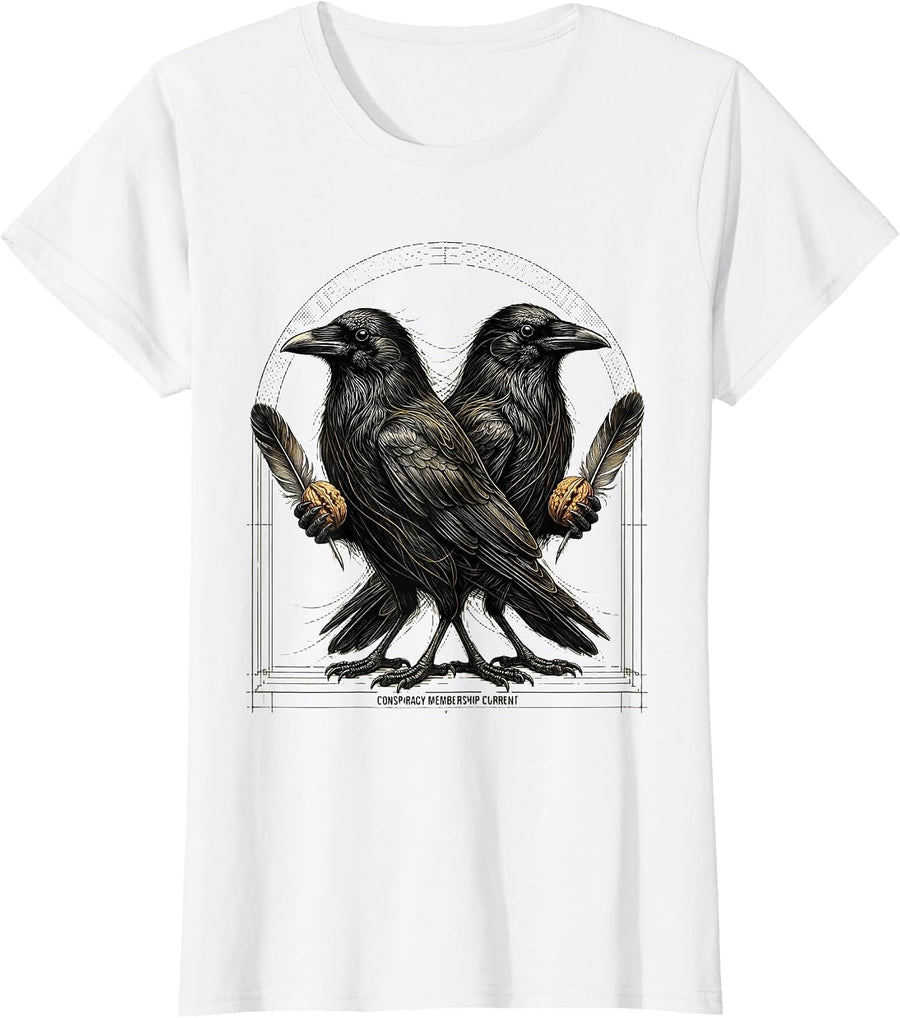 Women's Conspiracy Membership Current Dark Humor Crow Lover T-Shirt - White