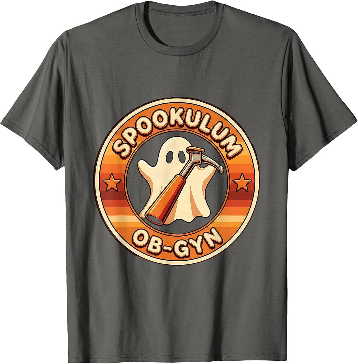 Men's Spookulum OB-GYN Retro 70s Halloween Nurse Medical Humor T-Shirt - Asphalt Grey
