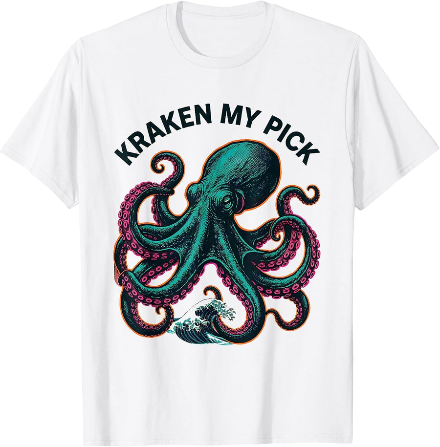 Men's Kraken My Pick Risograph Vintage Octopus Lover Cephalopod T-Shirt - White