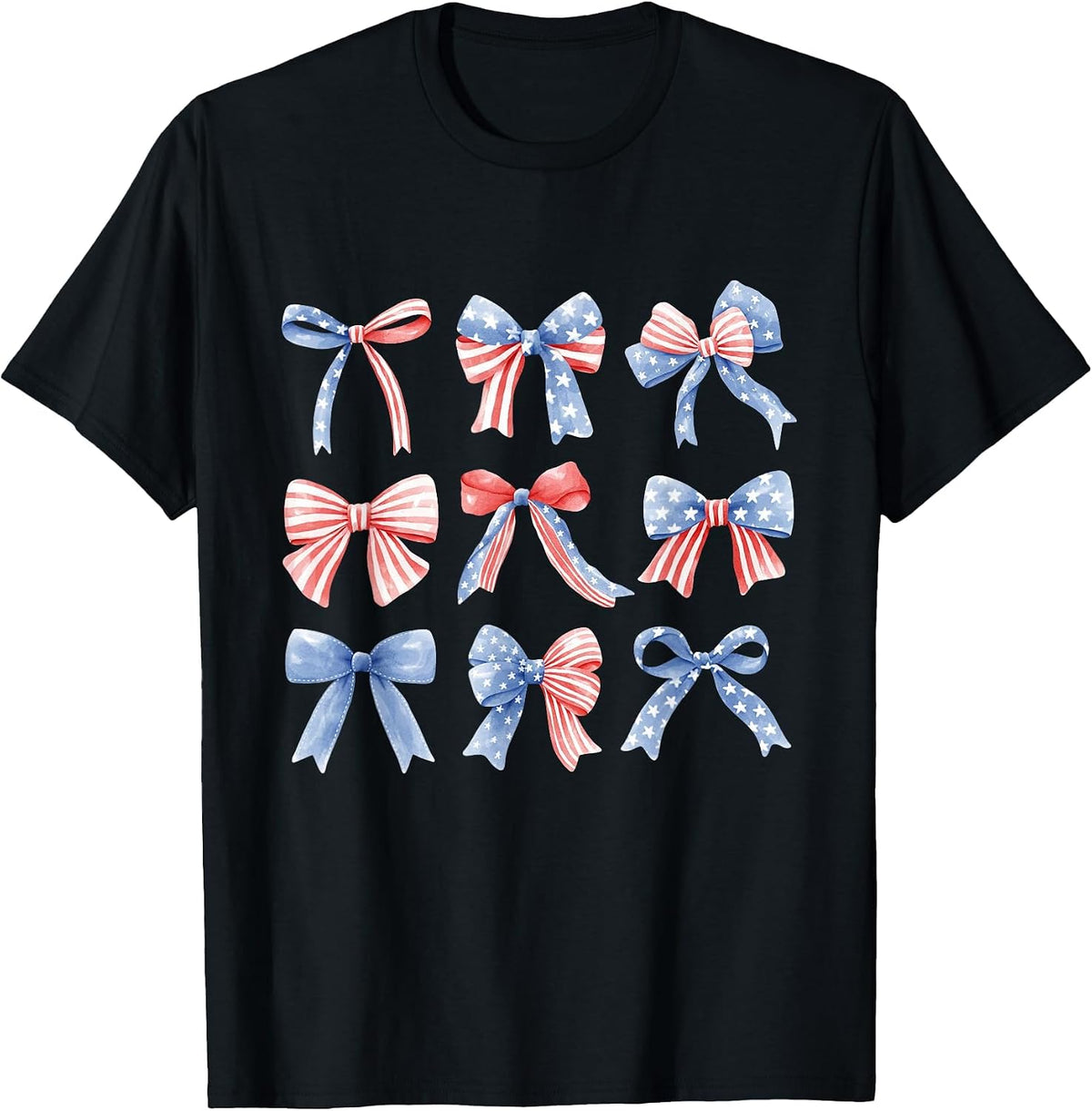 Coquette Red White & Blue Patriotic Bows Retro July 4th T-Shirt - Black