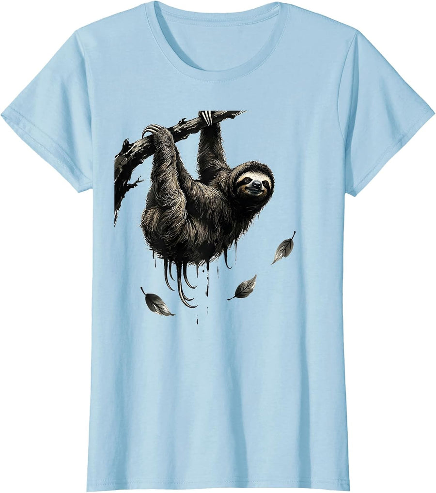Women's Broad Sloth Relaxed Ink Brush Lazy Humor Gift T-Shirt - Baby Blue