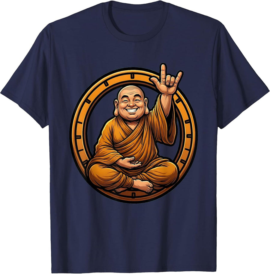 Zen Monk Shaka Vibes Graphic Design T-Shirt - Navy Blue