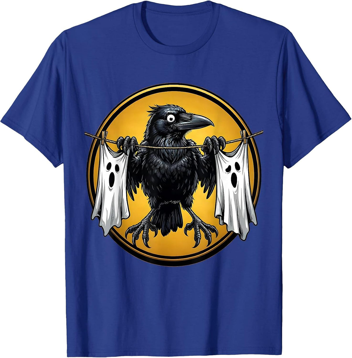 Crow on a Clothesline Halloween Graphic T-Shirt - Royal Blue