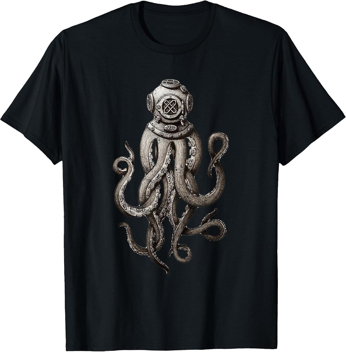Retro Scuba Diver Weird Octopus Design, Octopus Helmet T-Shirt - Black