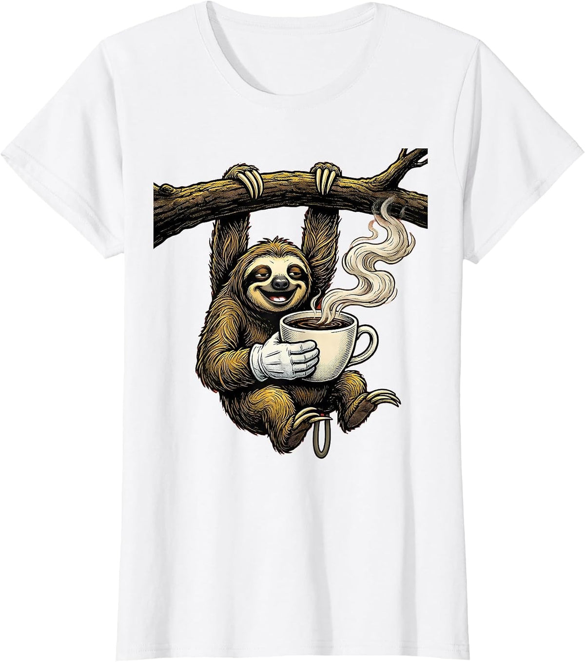 Funny Sloth Hanging Upside Down With Coffee T-Shirt - White