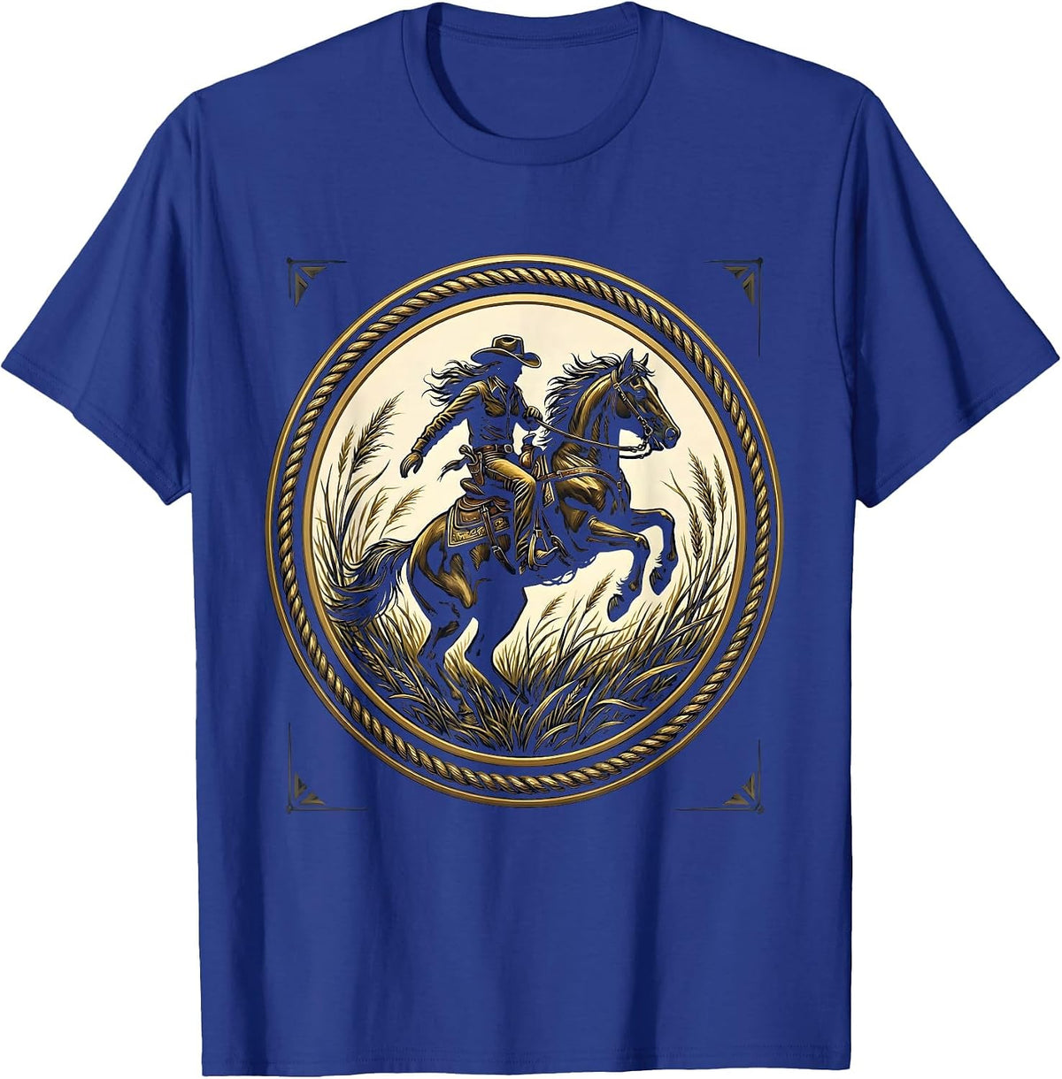 Cowgirl on Horseback Through Tall Grass Design T-Shirt - Royal Blue