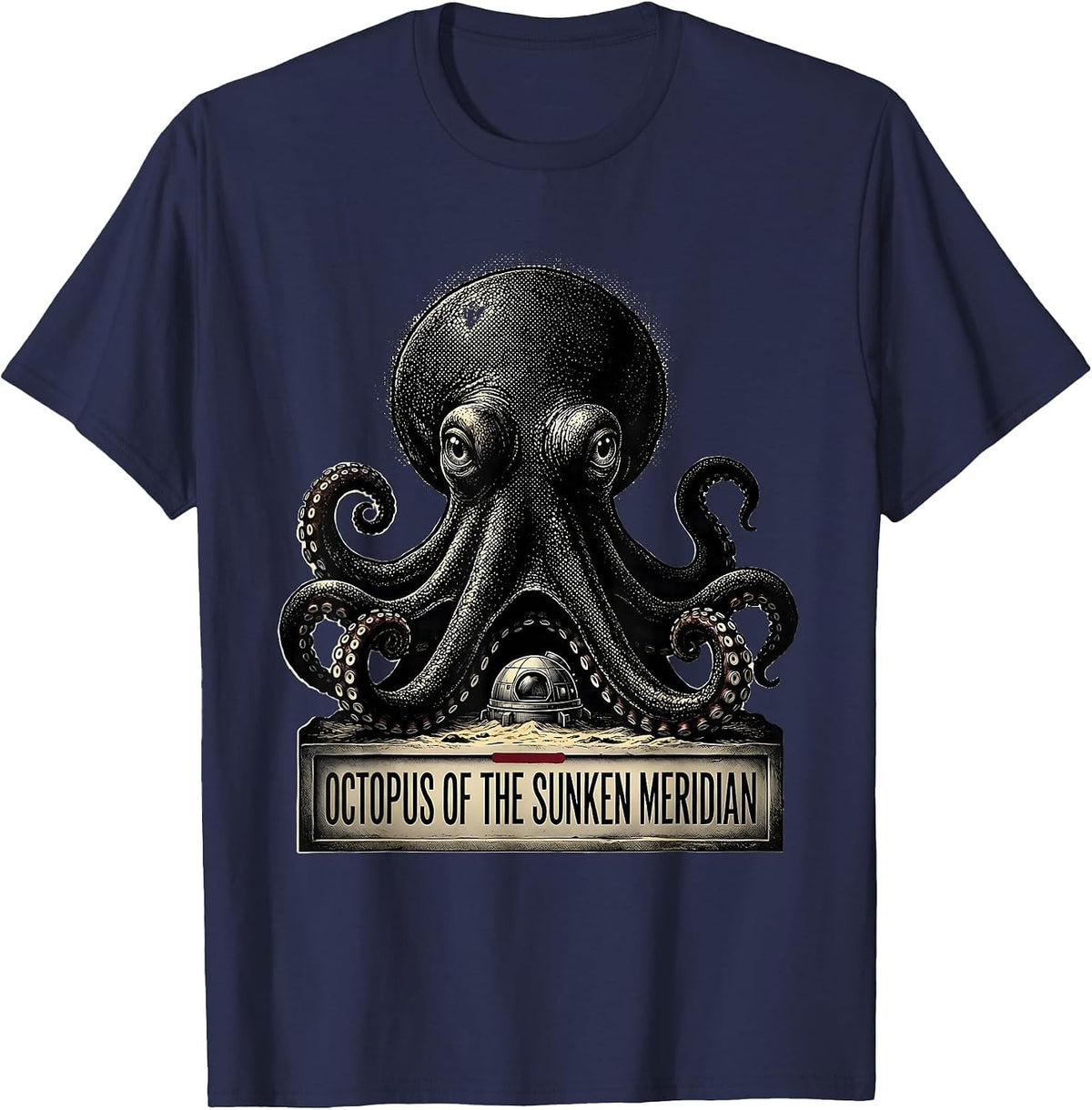 Men's Octopus of the Sunken Meridian Blackwork Dotwork Ocean T-Shirt - Navy Blue